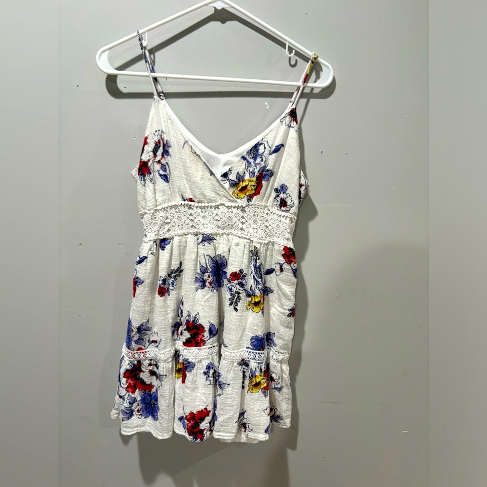 White Mini Dress with Flowers and Spaghetti Straps Sundress